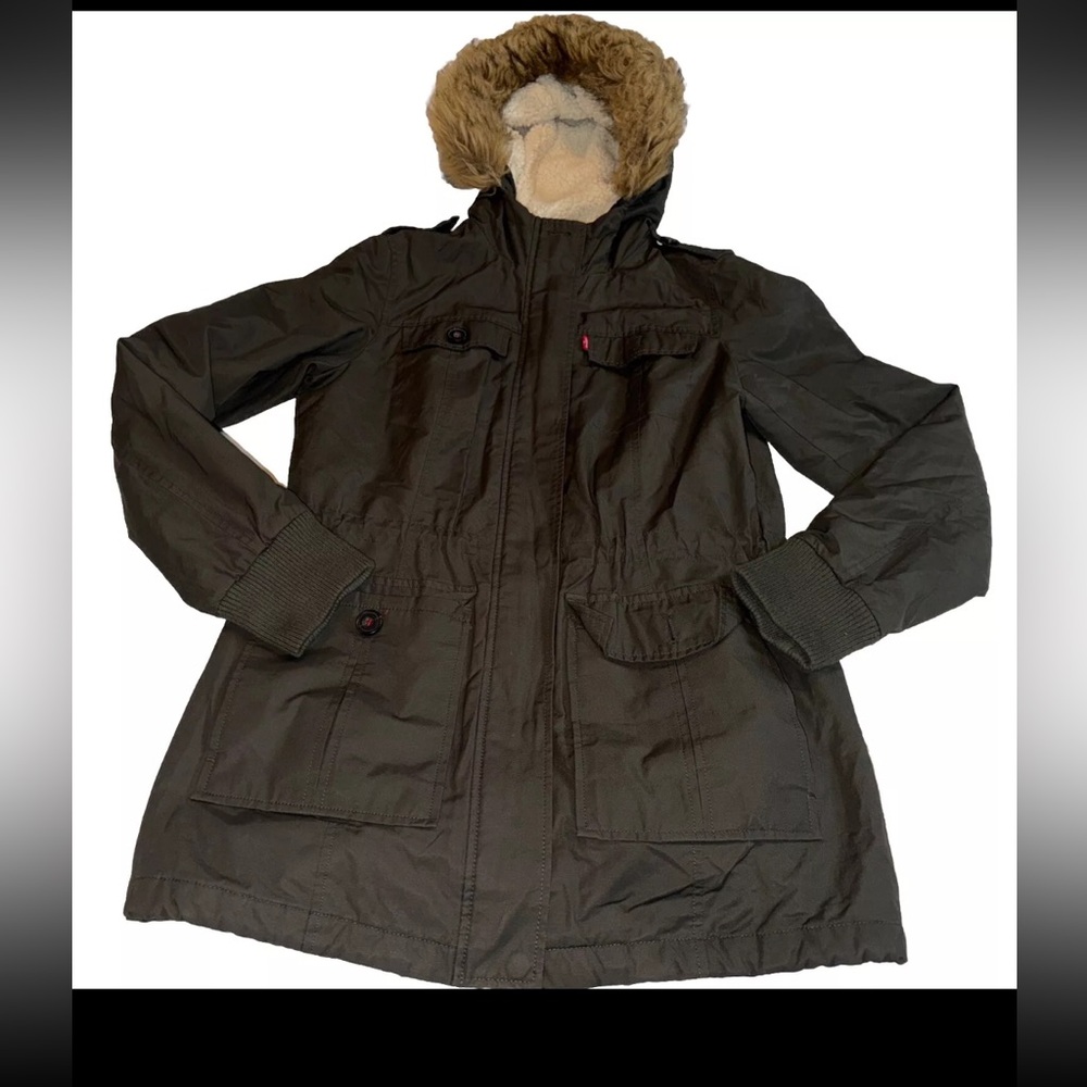 Levi's Women Jacket SMALL Green Faux Fur Hooded Parka Coat Sherpa Lined Full Zip